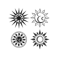 Collection of four stylised sun icons in black and white on a white background
