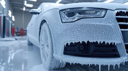 Clean Car with Soap Foam in Auto Wash Service Station