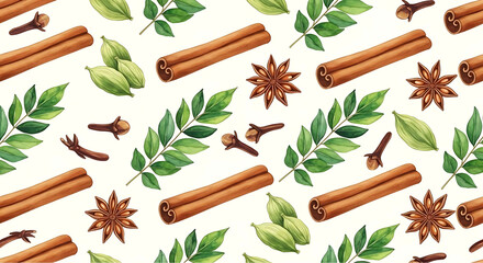 Seamless watercolor pattern of South Asian spices and herbs, cinnamon cardamom cloves star anise curry leaves, tileable light background, print-ready vector look, high contrast
