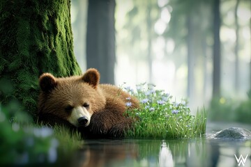 A serene bear rests by a tranquil forest stream, surrounded by lush greenery and delicate flowers, creating a peaceful natural scene.