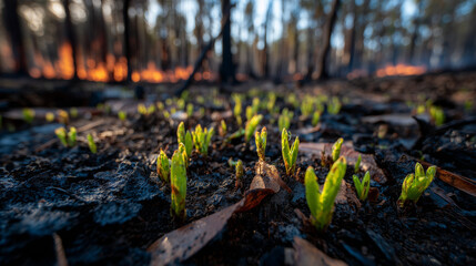 The concept of creative destruction, with new green sprouts emerging from the ashes of a burnt forest.
