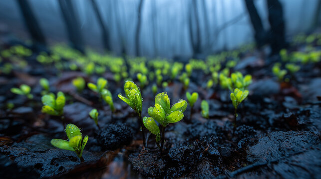 A burnt forest with vibrant green sprouts emerging from the ash, symbolizing rebirth after a crisis and creative destruction.