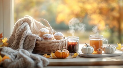 Autumn harvest gathering: cozy breakfast with warm drinks and fresh pastries in fall setting