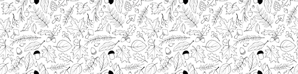 Seamless pattern falling leaves, acorns, berries, mushrooms. Vector outline, hand drawn autumn texture, isolated, in doodle style