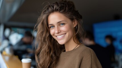 Young woman with long wavy hair smiles warmly while standing in a bustling cafe filled with people enjoying their drinks and conversations in the afternoon light