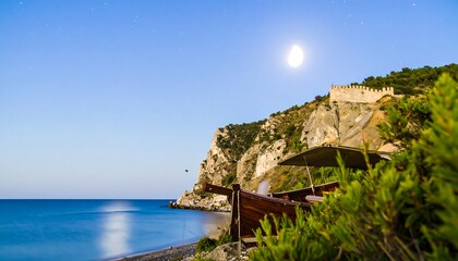 Coastal moonlit scene with a small wooden boat