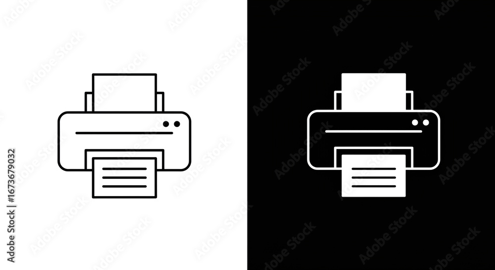 Poster a printer icon in black and white showing a document being printed on both sides of the background