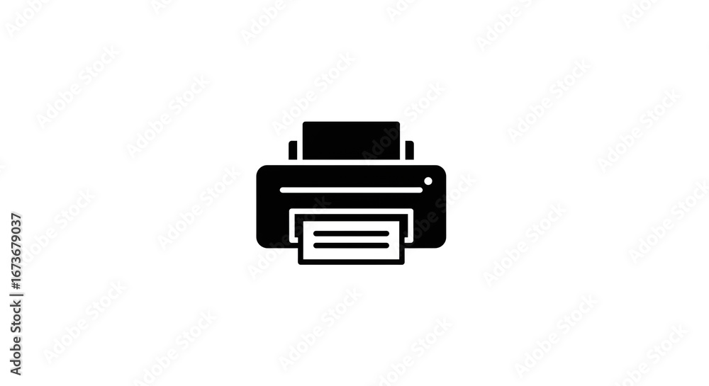 Poster a simple black and white icon of a printer with paper being printed isolated on a white background