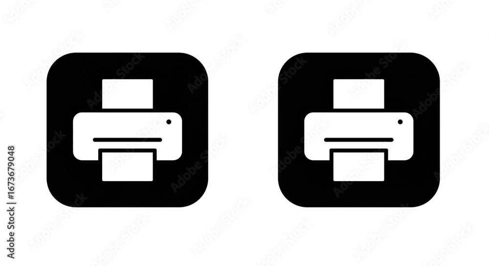 Poster two printer icons in black rounded squares against a white background in a simple graphic design sty