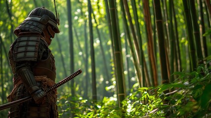 Samurai warrior dressed in elaborate armor stands still among tall bamboo, holding a sword.