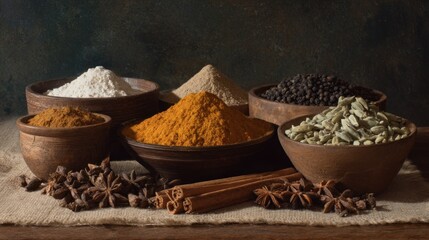 Rustic Still Life: Aromatic Spices and Herbs in Wooden Bowls Arrangement