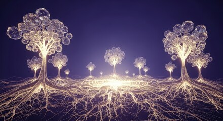 Mystical grove of light with sparkling crystal trees and a vast, glowing interconnected root system