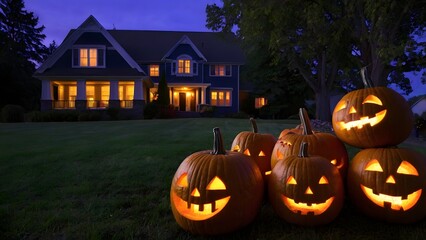 Fototapeta premium Glowing jack o lanterns in front of a warmly lit house at dusk