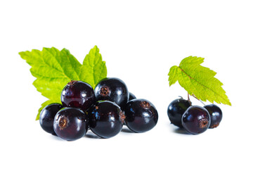 Ripe blackcurrant berries with leaves isolated on white.