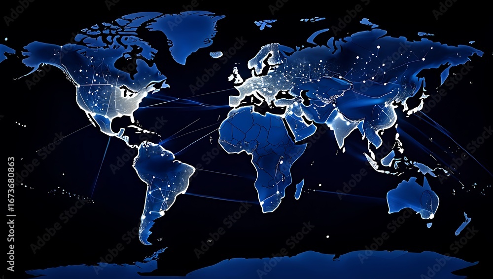 Poster global connectivity illuminating the world map with light lines and points