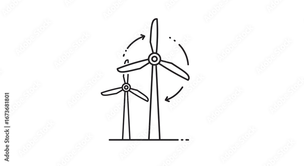 Poster a simple line drawing of two wind turbines with arrows indicating rotation on a white background