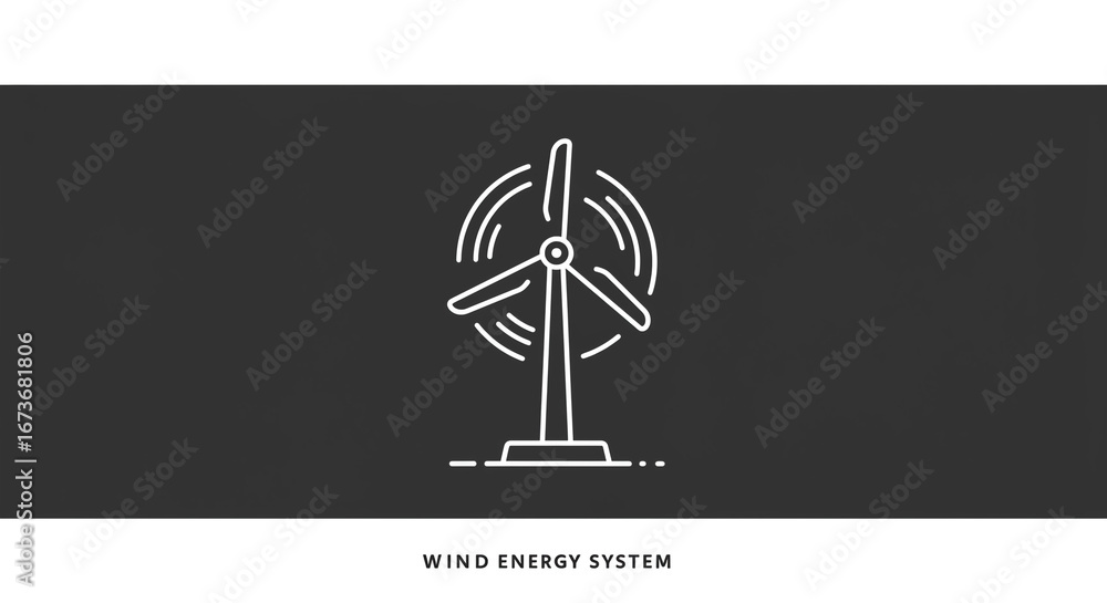 Poster White line drawing of a wind turbine on a gray background with rotating blades and a simple base