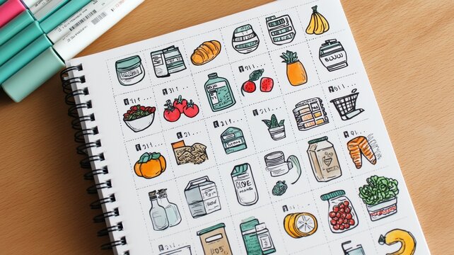 A beautiful grocery list features hand-drawn food illustrations on a wooden surface.