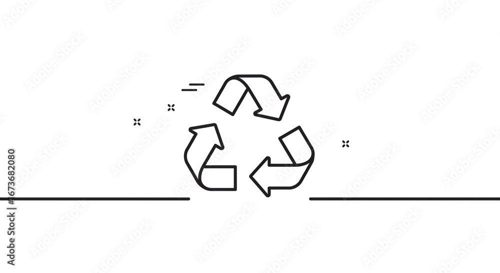 Poster a minimalist line drawing of a recycle symbol with arrows and a horizontal line on a white backgroun