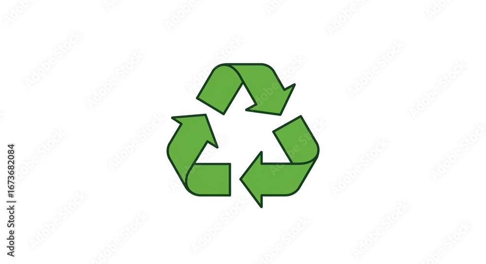 Poster a simple green recycling symbol with arrows on a plain white background in a minimalist style image