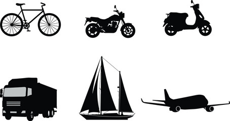 Silhouette transport icons set, bicycle, motorcycle, scooter, truck, sailing boat, airplane, black vehicle collection, travel and transport graphic vector illustration