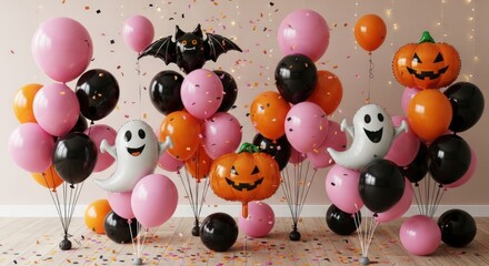 Festive Halloween balloons with spooky pumpkin and ghost decorations for party fun