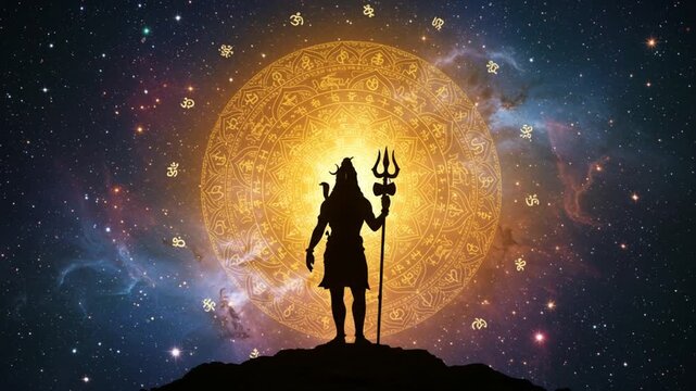 Lord Shiva Standing Before Cosmic Circle Glowing in Night Sky