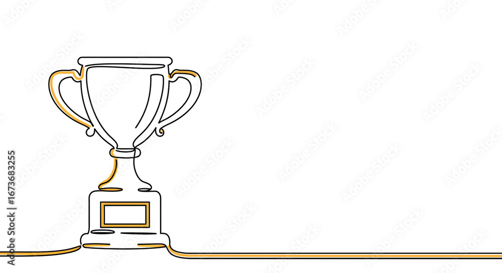 Poster a continuous line drawing of a trophy with golden accents on a white background with ample copy spac