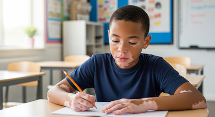 Focused schoolboy with vitiligo writing in classroom