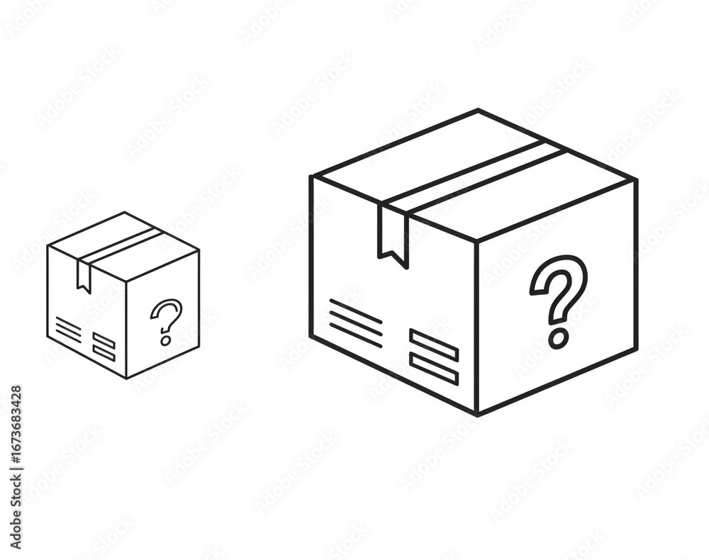 Poster two outline drawings of mystery boxes one larger and one smaller with question marks on them