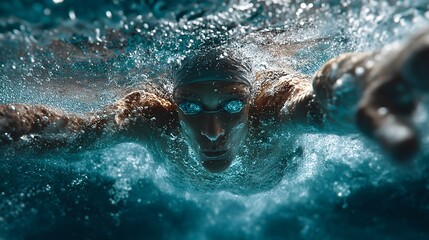 Underwater shot of a swimmer performing a freestyle stroke in cool tones with water movement effects
