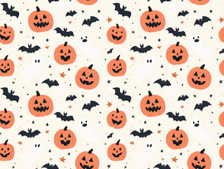 Fototapeta premium A festive Halloween pattern with classic jack-o'-lanterns, spooky bats, and friendly ghosts