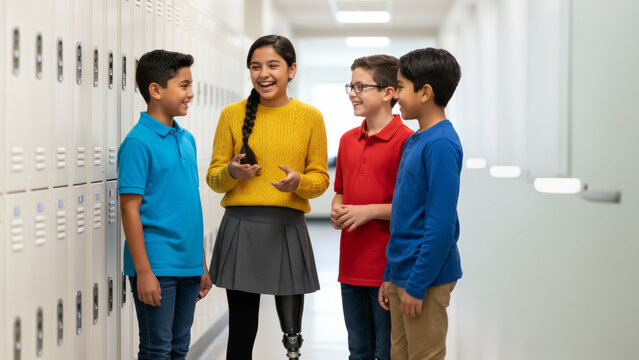 Group of diverse students talking near lockers - Powered by Adobe