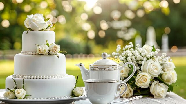 A stunning wedding cake beautifully displayed with flowers and a tea set, set against a serene garden backdrop during evening light