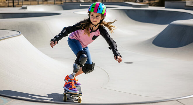 Confident young girl with prosthetic leg skateboarding