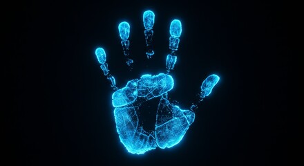 Naklejka premium Futuristic Glowing Blue Handprint on Black Background for Digital Security