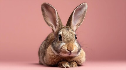 A close-up of a cute brown rabbit with large ears against a soft pink background, exuding a playful and gentle demeanor.