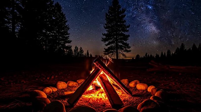 Campfire and a starry sky, timelapse night video