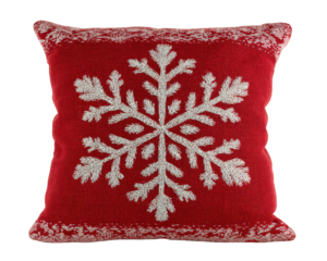 Red decorative pillow with white snowflake pattern, festive winter home decor, cozy and cheerful accent for living room or bedroom during holiday season