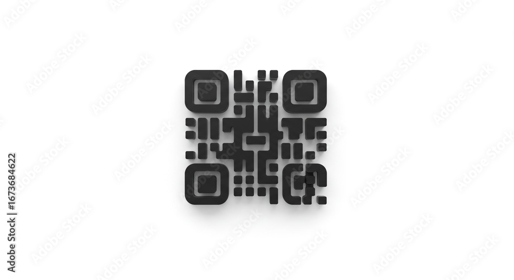 Poster a black qr code with a shadow on a white background in the center of the image with a clean design