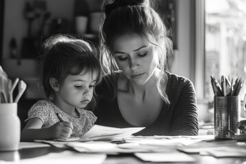 In a cozy kitchen, a tired mother assists her young daughter with homework. Papers and books cover the table as afternoon light streams in, highlighting their focused expressions