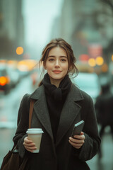 A young female dressed in business attire holds a coffee cup in one hand and a smartphone in the other while navigating a busy outdoor urban environment. The cool day adds to her stylish look