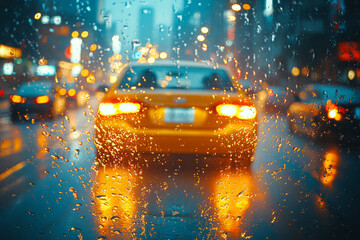 Raindrops slide down the windshield as headlights illuminate the wet streets during a rainy evening drive, capturing the vibrant city atmosphere enveloped in droplets