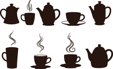 Vector illustration of coffee and tea set with cups, mugs, steaming drinks, teapots, and saucers in silhouette style for café, kitchen, and restaurant
