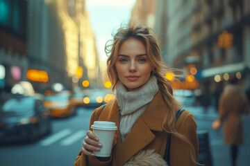 A young woman dressed in professional business attire stands on a busy street, holding a coffee cup. The warm sunlight illuminates the city around her, creating an inviting atmosphere
