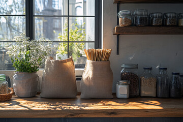 Set of eco-friendly home items is displayed on a wooden countertop. Reusable bags, bamboo straws, and containers made from sustainable materials catch natural light beautifully