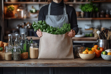 A woman stands at a kitchen counter, showcasing a reusable shopping bag filled with fresh vegetables. Surrounding her are eco-friendly items like glass jars and stainless steel bottles