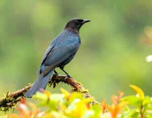 Obraz premium Blue bird perched on branch in rain forest