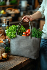 A woman stands in her kitchen, proudly holding a reusable shopping bag filled with fresh vegetables and eco-friendly items like glass jars and stainless steel bottles on the counter