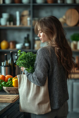 In a stylish kitchen, a woman carries a reusable shopping bag filled with fresh vegetables, surrounded by eco-friendly items like glass jars and stainless steel bottles